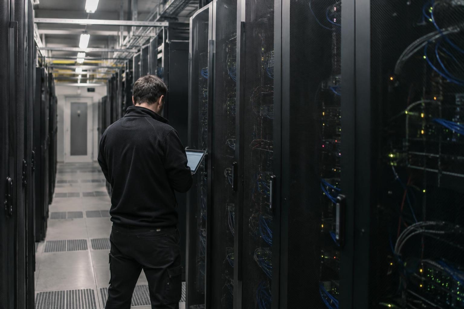 An unidentifiable technician inspecting server racks in a data centre.