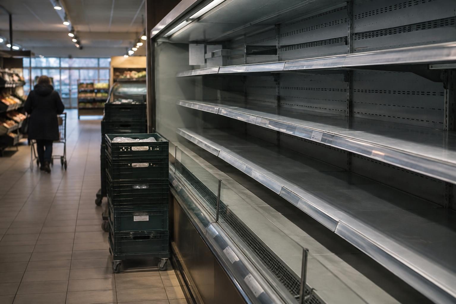 Empty refrigerated display shelves and stock crates in a supermarket aisle.